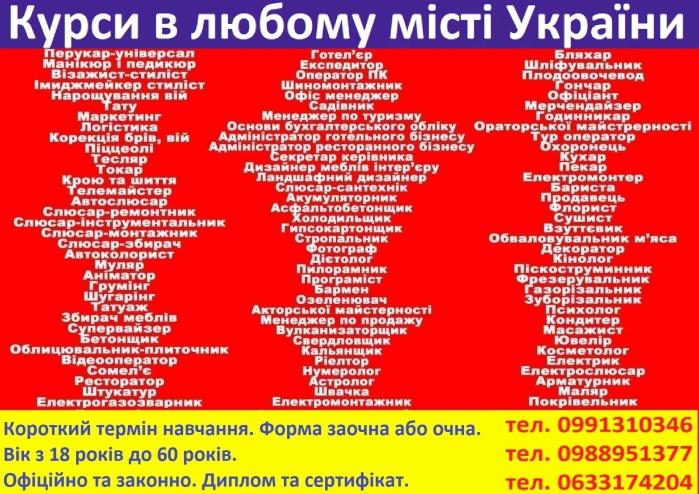 Курси кухар, кондитер, сушист, піццеолі, пекар, бармен, барист